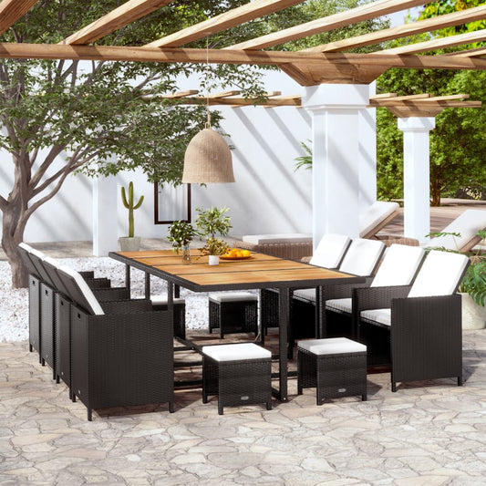 13 Piece Patio Dining Set Poly Rattan and Acacia Wood Black