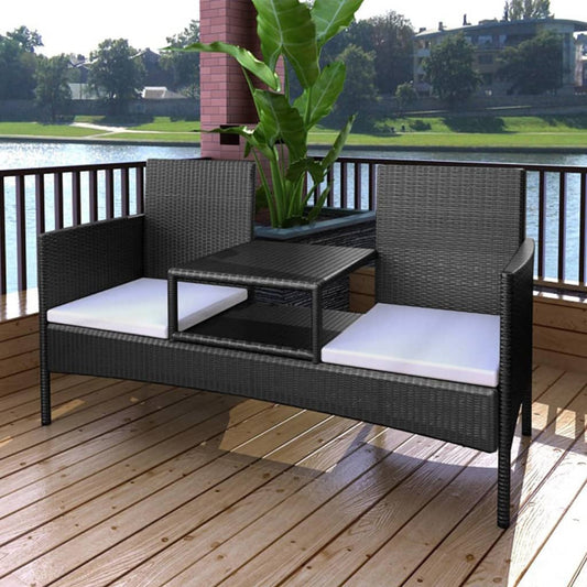 2-Seater Patio Sofa with Tea Table Poly Rattan Black