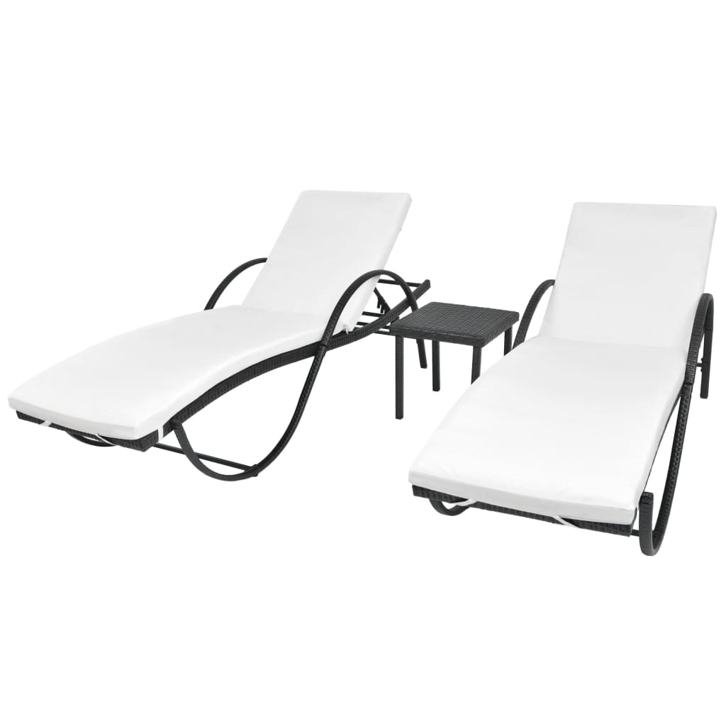 Sun Loungers 2 pcs with Table Poly Rattan Black