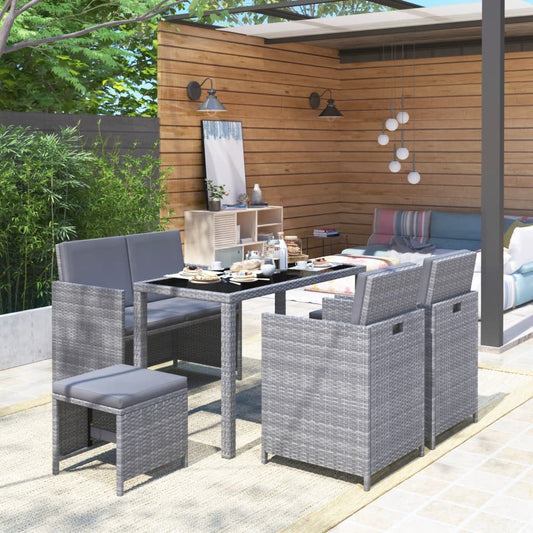 6 Piece Patio Dining Set with Cushions Poly Rattan Gray