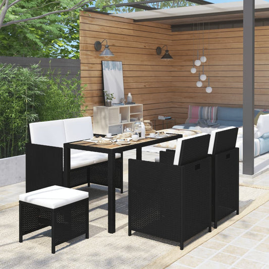 6 Piece Patio Dining Set Poly Rattan and Acacia Wood Black