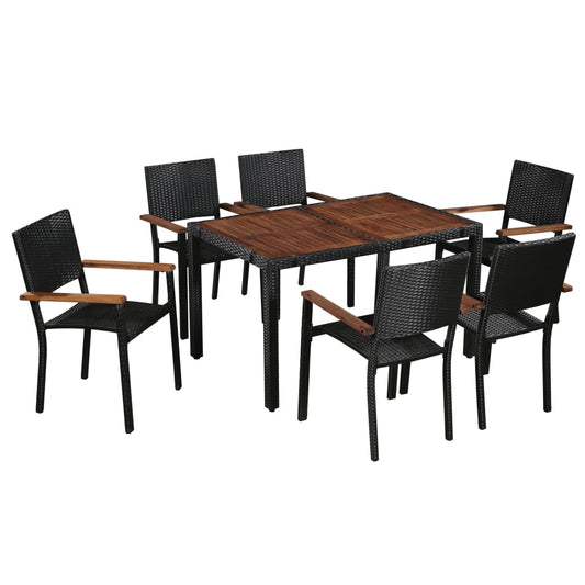 7 Piece Patio Dining Set Poly Rattan and Acacia Wood Black