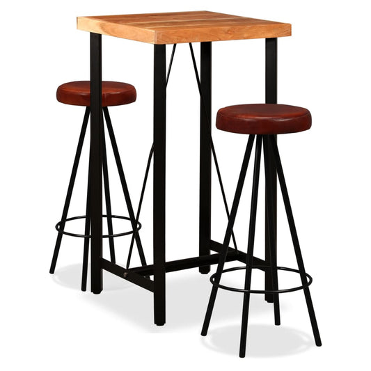 Bar Set 3 Pieces Solid Acacia Wood and Genuine Leather