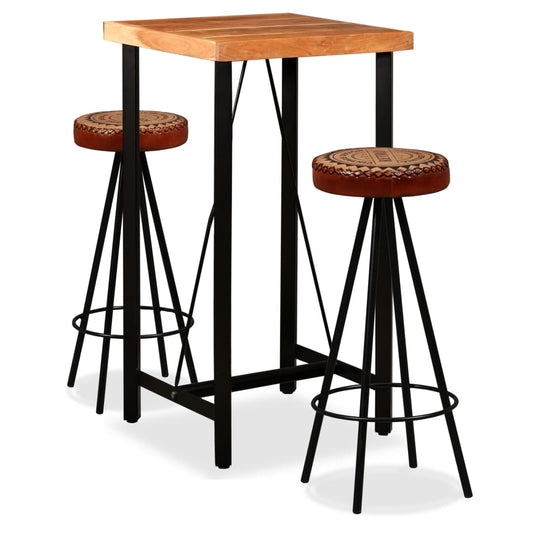 Bar Set 3 Pieces Solid Acacia Wood, Genuine Leather & Canvas