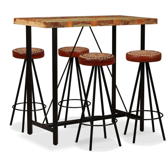 Bar Set 5 Pieces Solid Reclaimed Wood, Genuine Leather & Canvas