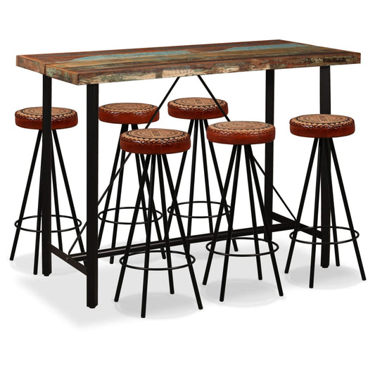 Bar Set 7 Pieces Solid Reclaimed Wood, Genuine Leather & Canvas