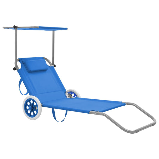 Folding Sun Lounger with Canopy and Wheels Steel Blue