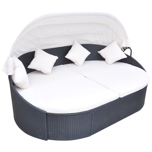 Patio Lounge Bed with Canopy Poly Rattan Black