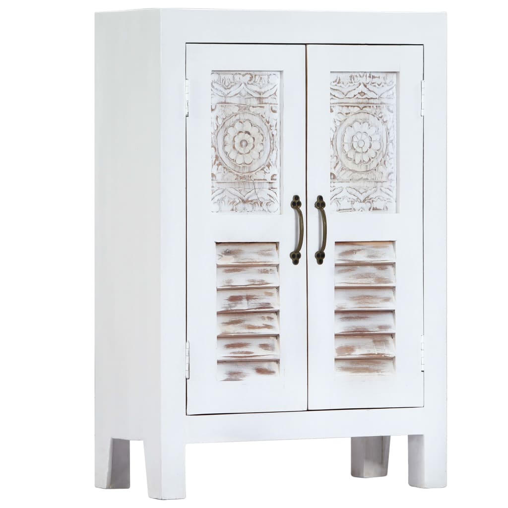 Carved Sideboard White 23.6"x11.8"x35" Solid Mango Wood