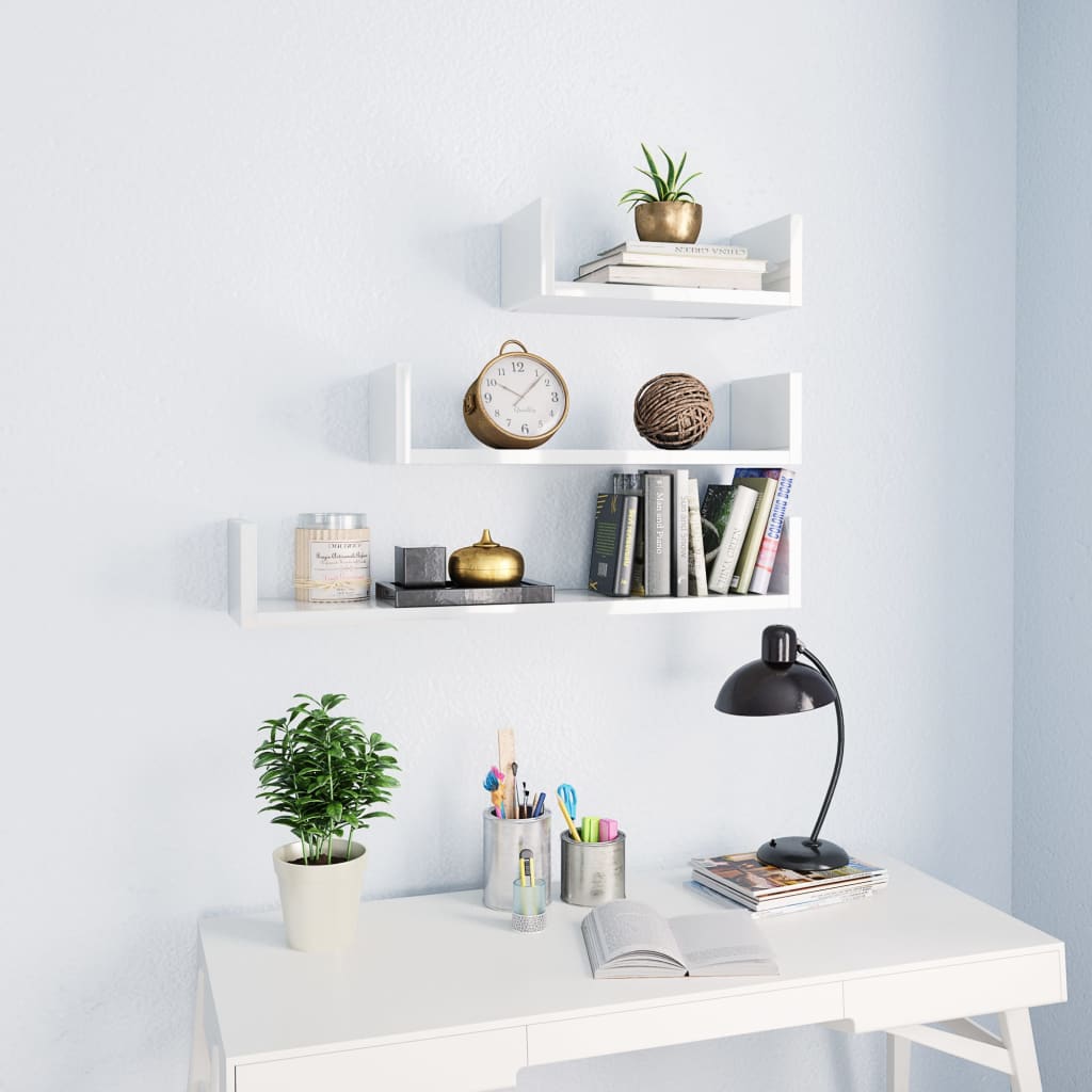 Wall Display Shelf 3 pcs High Gloss White Engineered Wood