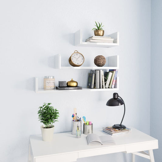 Wall Display Shelf 3 pcs High Gloss White Engineered Wood