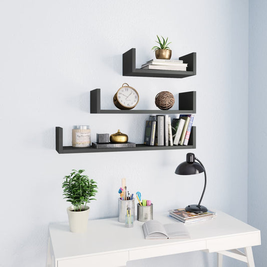 Wall Display Shelf 3 pcs High Gloss Gray Engineered Wood