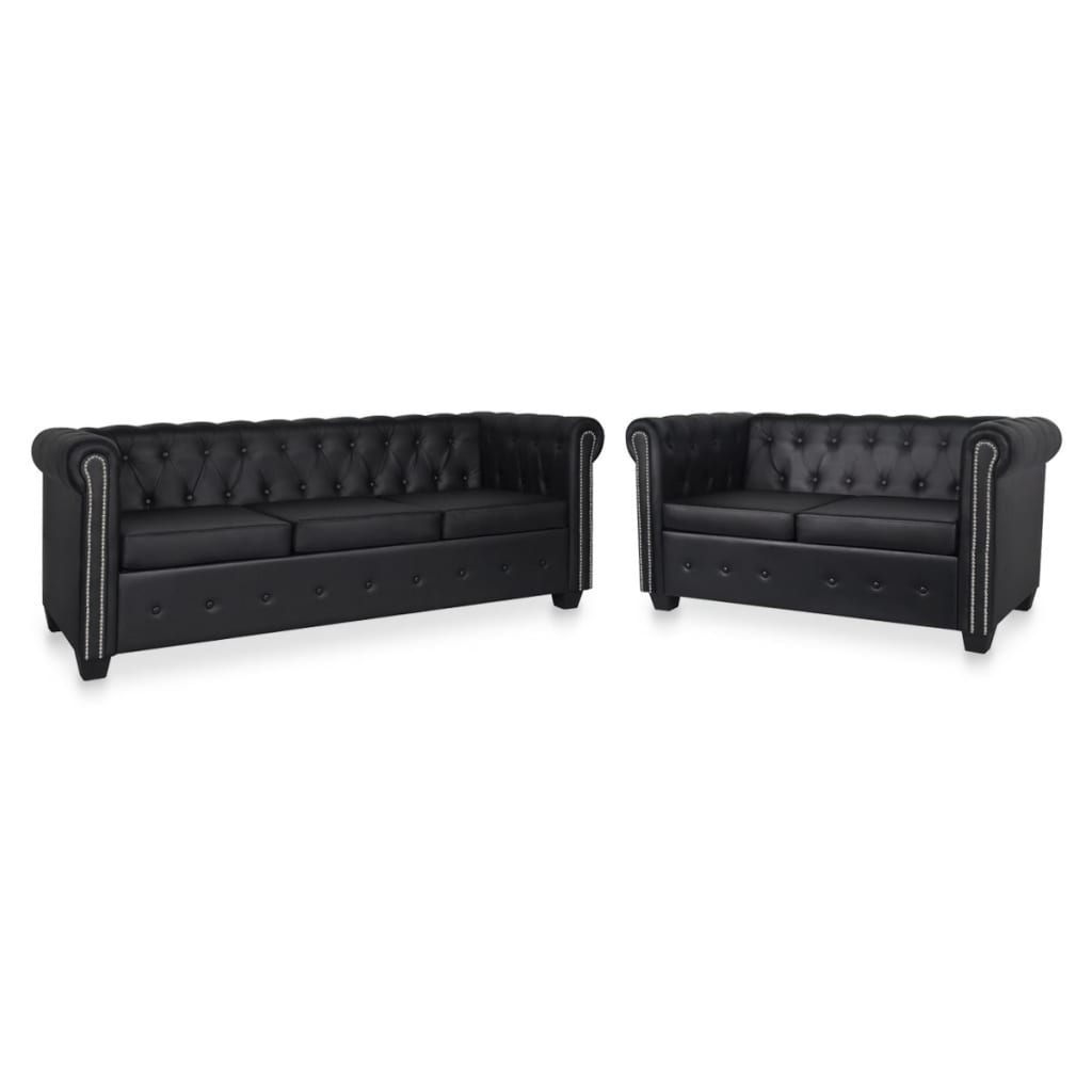 Chesterfield Sofa Set 2-Seater and 3-Seater Black Faux Leather