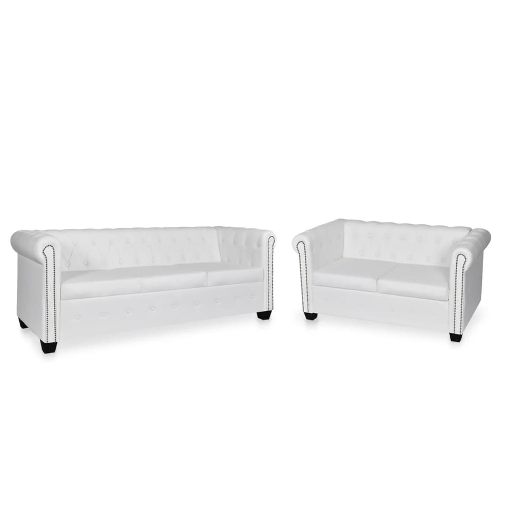 Chesterfield Sofa Set 2-Seater and 3-Seater White Faux Leather