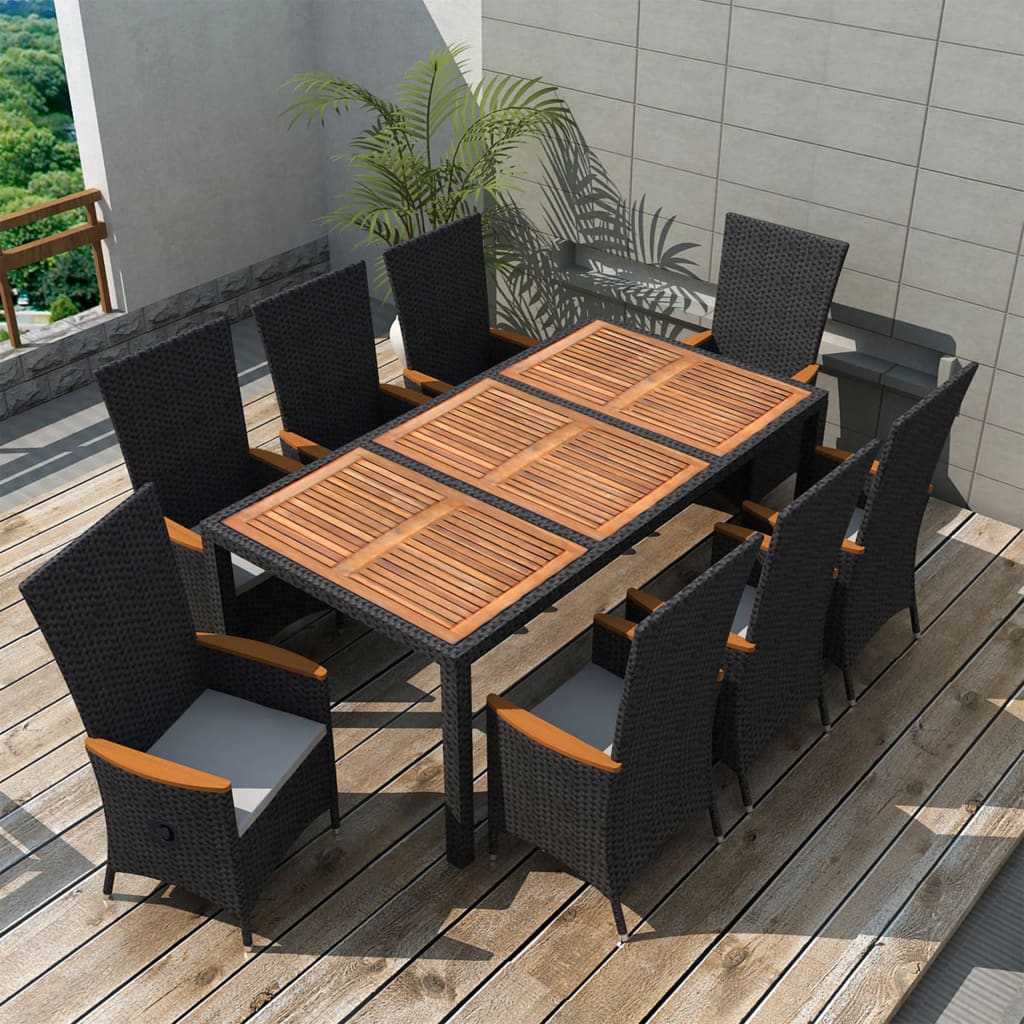 9 Piece Patio Dining Set Poly Rattan Acacia Wood Black