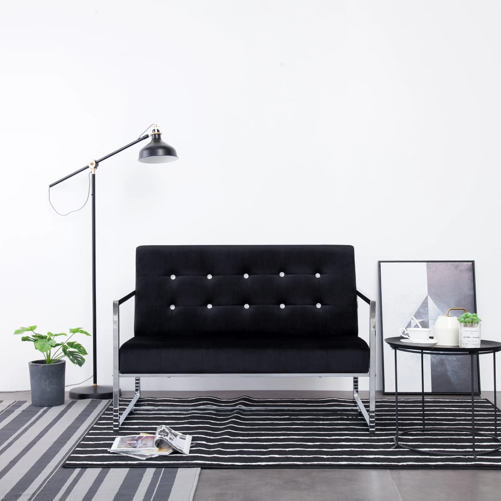 2-Seater Sofa with Armrests Black Chrome and Velvet