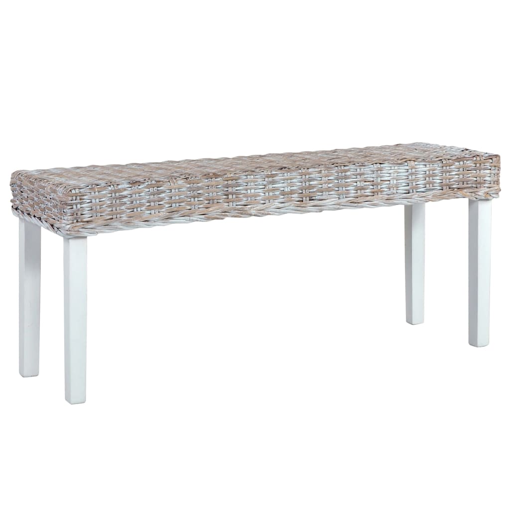 Bench 43.3" White Natural Kubu Rattan and Solid Mango Wood