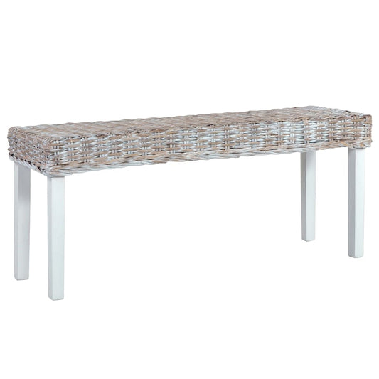 Bench 43.3" White Natural Kubu Rattan and Solid Mango Wood