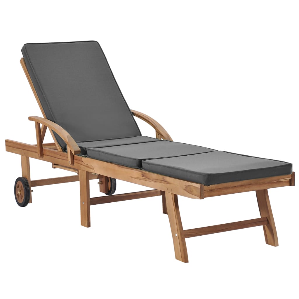 Sun Lounger with Cushion Solid Teak Wood Dark Gray