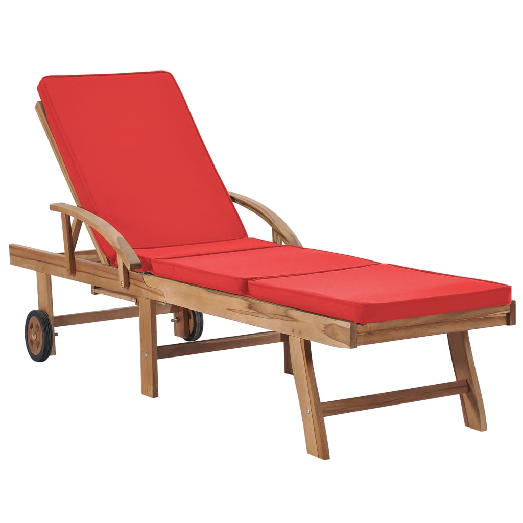 Sun Lounger with Cushion Solid Teak Wood Red