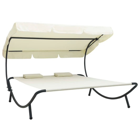 Patio Lounge Bed with Canopy and Pillows Cream White