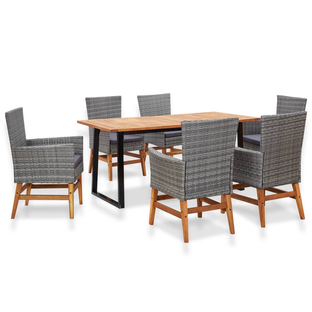 7 Piece Patio Dining Set Poly Rattan and Acacia Wood Gray