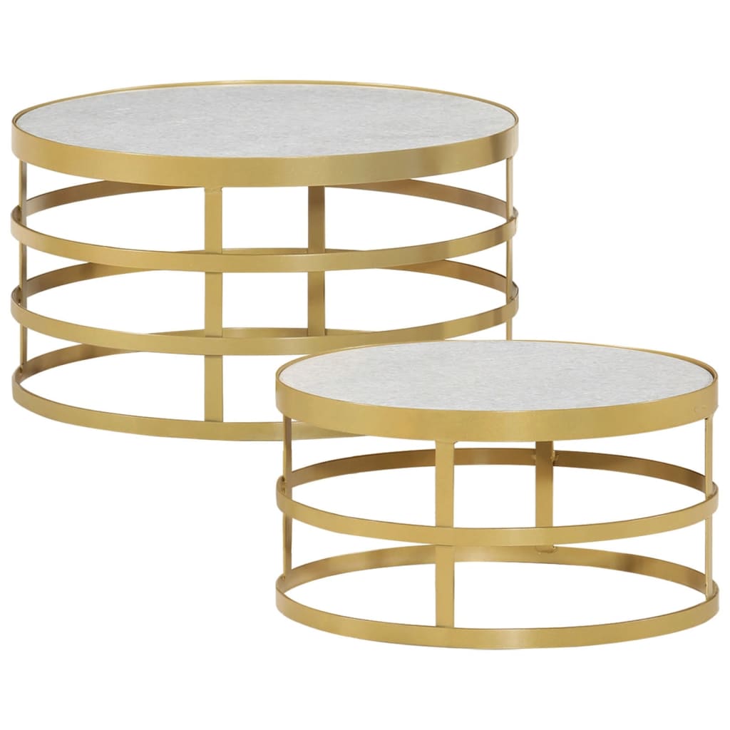 2 Piece Coffee Table Set Marble Brass and White