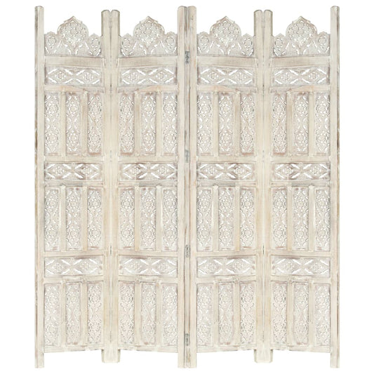Hand carved 4-Panel Room Divider White 63"x65" Solid Mango Wood