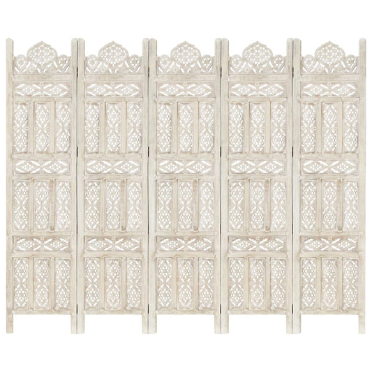 Hand carved 5-Panel Room Divider White 78.7"x65" Solid Mango Wood