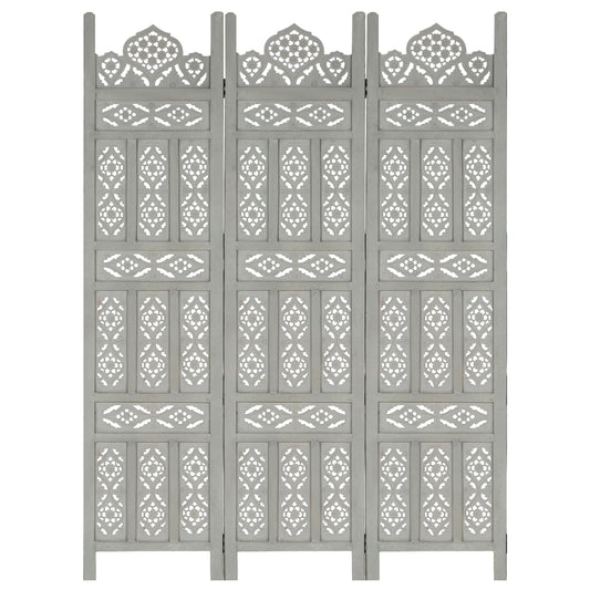 Hand carved 3-Panel Room Divider Gray 47.2"x65" Solid Mango Wood