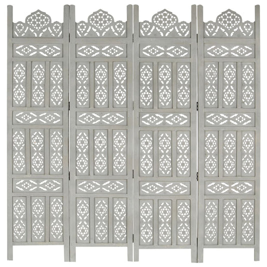 Hand carved 4-Panel Room Divider Gray 63"x65" Solid Mango Wood