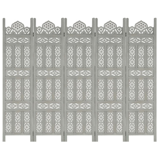 Hand carved 5-Panel Room Divider Gray 78.7"x65" Solid Mango Wood