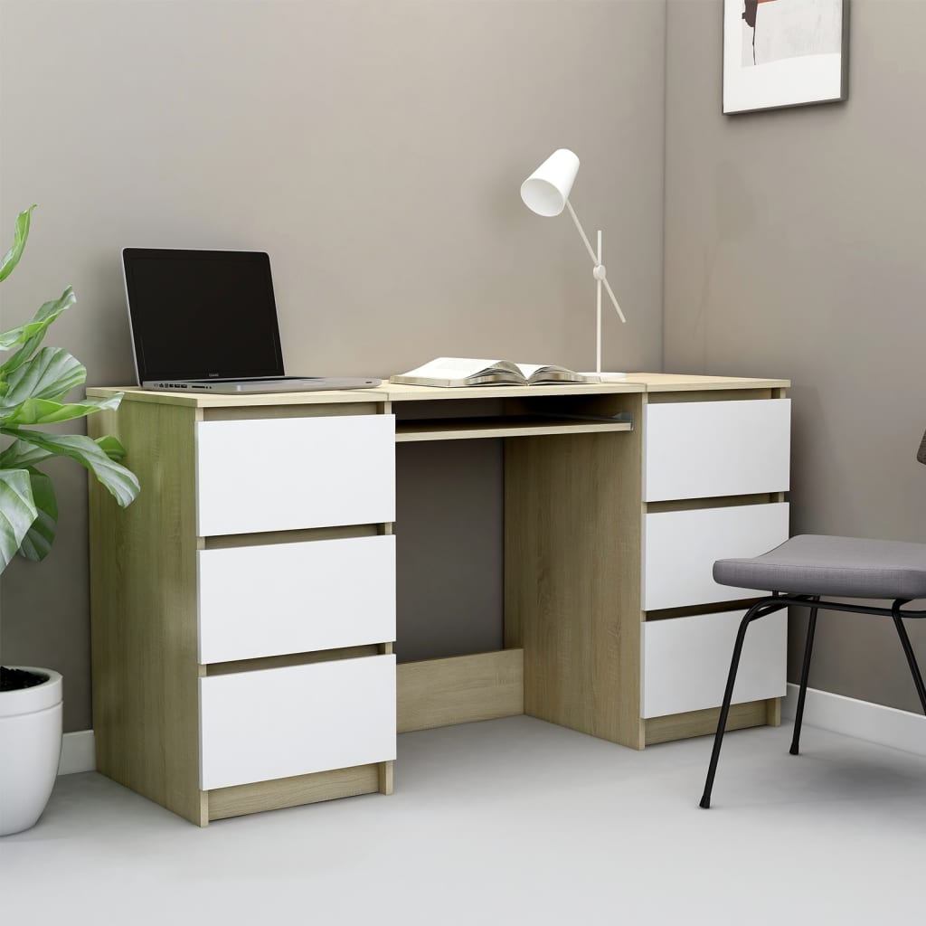 Writing Desk White and Sonoma Oak 55.1"x19.7"x30.3" Engineered Wood