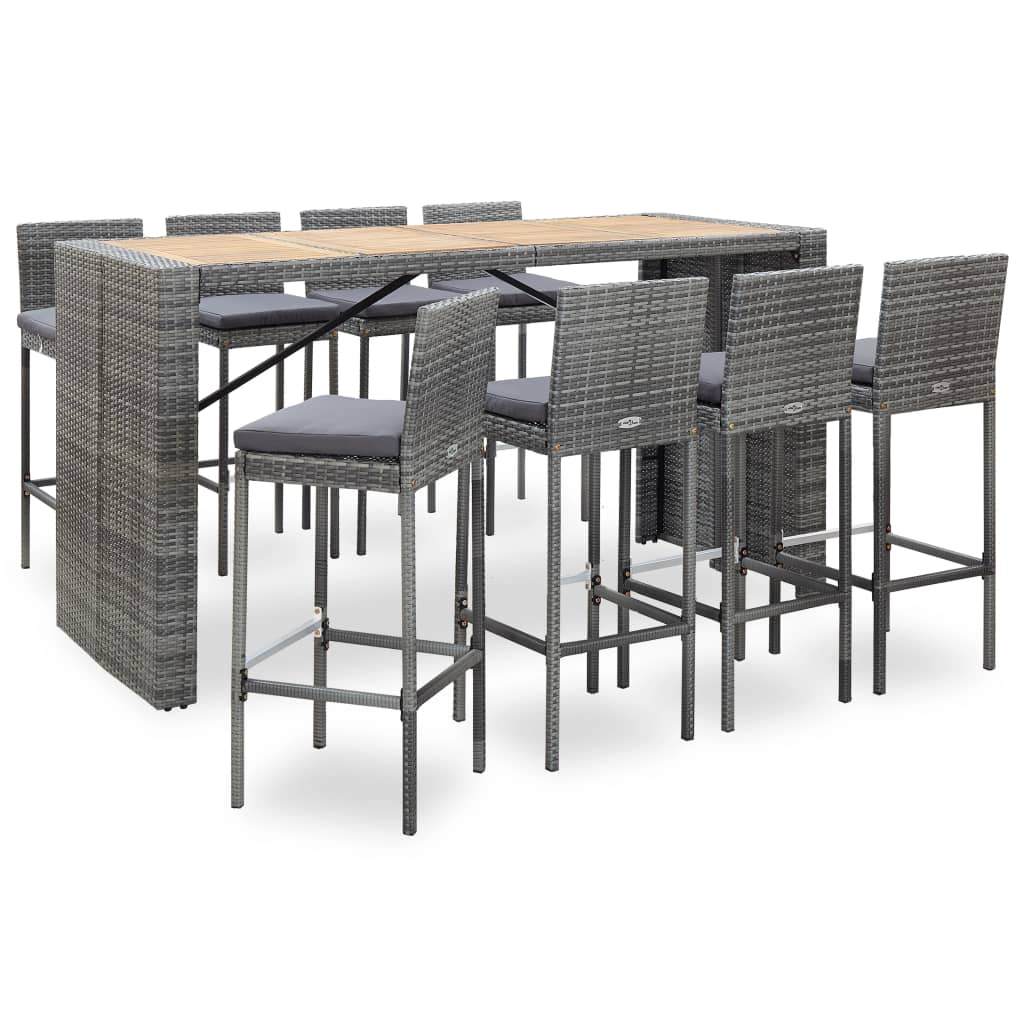 9 Piece Patio Bar Set Poly Rattan and Acacia Wood Gray