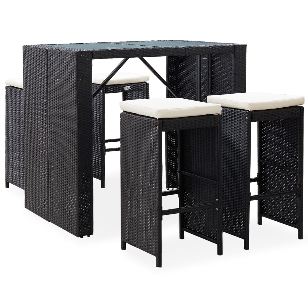 5 Piece Patio Bar Set Poly Rattan and Glass Black