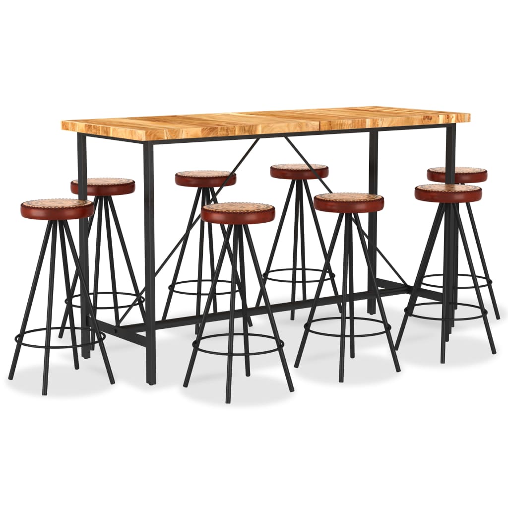 9 Piece Bar Set Solid Acacia Wood, Genuine Leather & Canvas