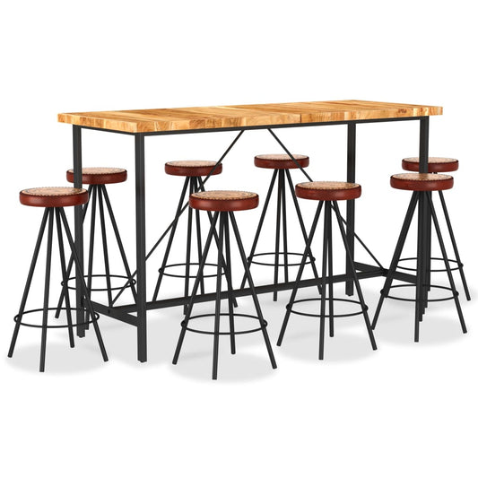 9 Piece Bar Set Solid Acacia Wood, Genuine Leather & Canvas