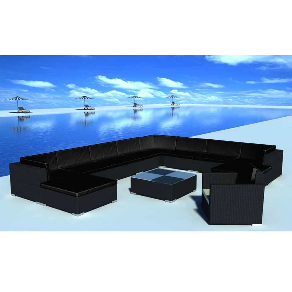 12 Piece Patio Lounge Set with Cushions Poly Rattan Black