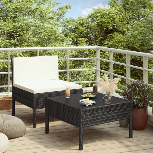 2 Piece Patio Lounge Set with Cushions Poly Rattan Black