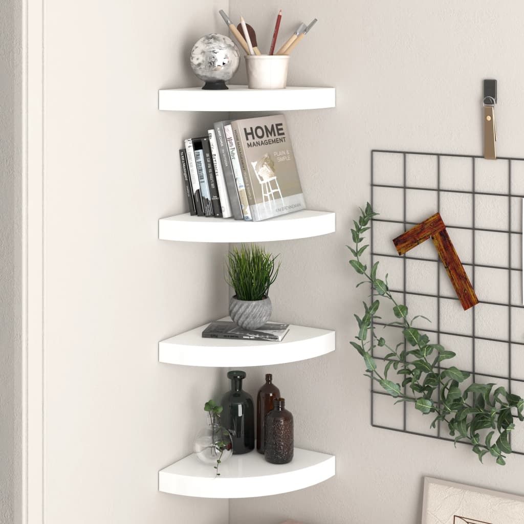 Floating Corner Shelves 4 pcs High Gloss White 9.8"x9.8"x1.5" MDF