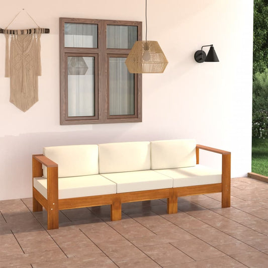 3-Seater Patio Sofa with Cream White Cushions Solid Acacia Wood