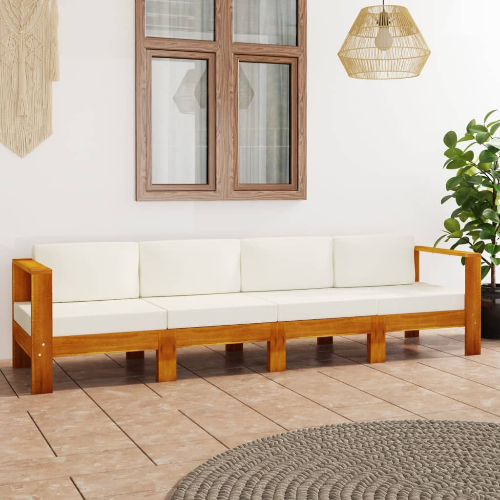 4-Seater Patio Sofa with Cream White Cushions Solid Acacia Wood