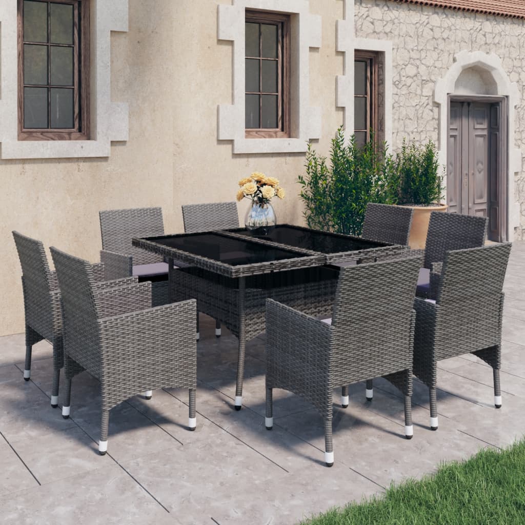 9 Piece Patio Dining Set Poly Rattan and Glass Gray