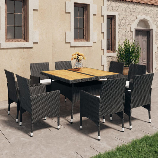 9 Piece Patio Dining Set Poly Rattan and Acacia Wood Black