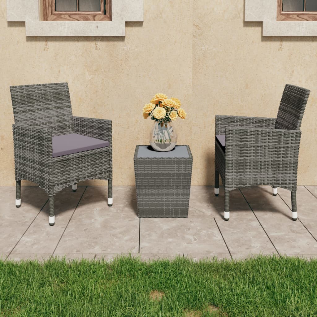 3 Piece Bistro Set Poly Rattan and Tempered Glass Gray