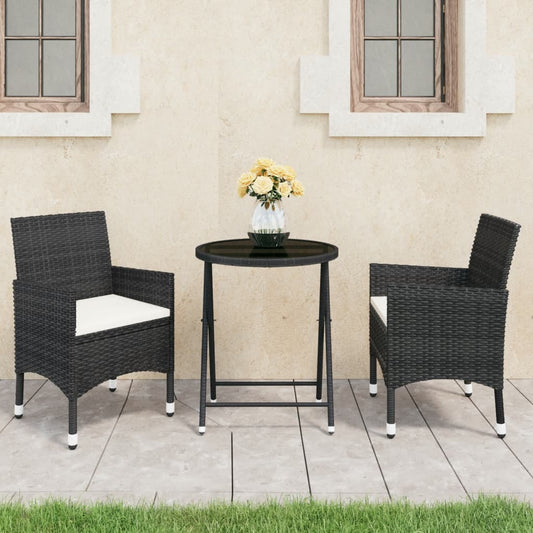 3 Piece Patio Bistro Set Poly Rattan and Tempered Glass Black