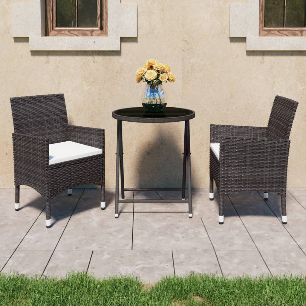 3 Piece Patio Bistro Set Poly Rattan and Tempered Glass Brown