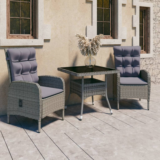 3 Piece Patio Dining Set Poly Rattan and Glass Gray
