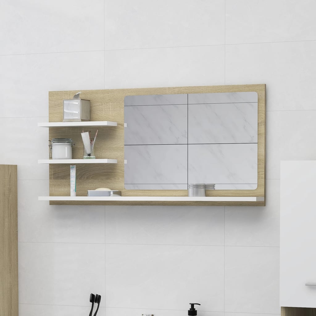 Bathroom Mirror White and Sonoma Oak 35.4"x4.1"x17.7" Engineered Wood
