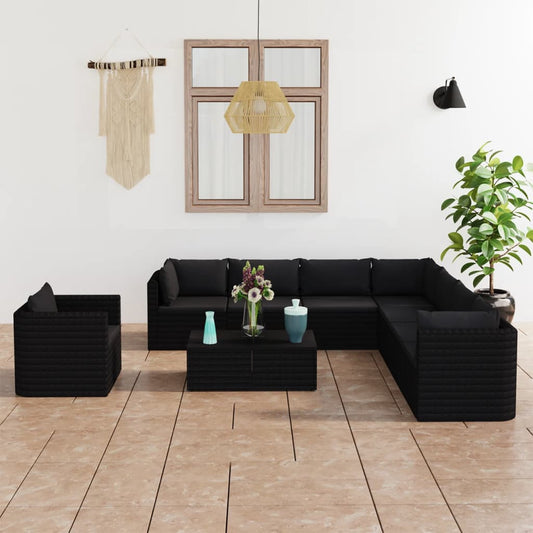 10 Piece Patio Lounge Set with Cushions Poly Rattan Black